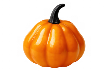 Glossy orange pumpkin, black stem standing prominently against transparent backdrop, highlighting seasonal halloween design elements