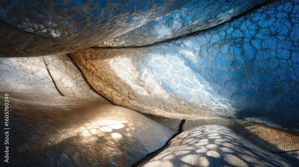 Poster sunlight filters through the translucent fabric of an inflatable greenhouse, creating a play of ligh