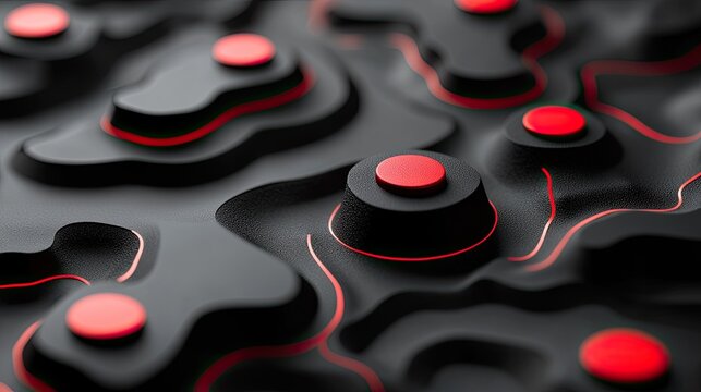 Abstract topography with dark geometric shapes and vibrant red accents creates a captivating