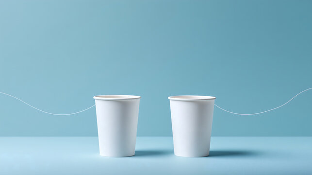 Two paper cups connected by a string.	A minimalist shot of two simple paper cups connected by a taut string, a classic symbol of simple communication, on a pastel background.
