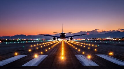 Fototapeta premium Airplane landing at sunset airport runway photography urban landscape front view aviation journey