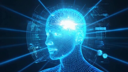 Ai brain technology digital future artificial intelligence neural network concept mind data. Digital brain with glowing effect in blue. Virtual intelligence head glowing abstractly - Powered by Adobe