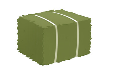 Green rectangular hay bale tied with three strings, isolated on transparent background, ready for farm animals feeding