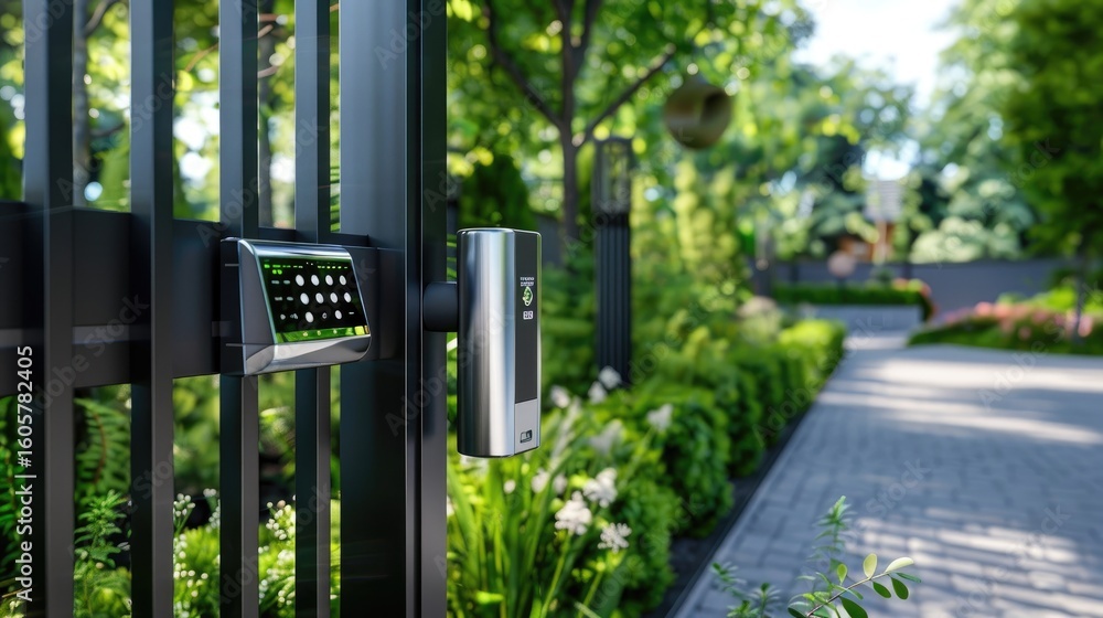 Poster contemporary access control system mounted on sleek gate entrance, keypad and sensor visible