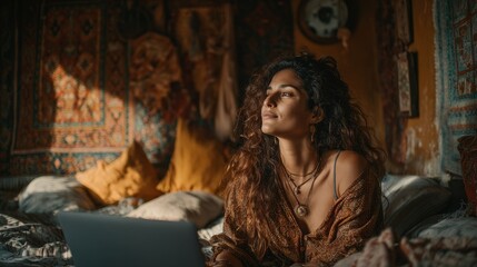 Woman reflecting in cozy room with laptop bohemian decor intimate atmosphere warm lighting personal growth