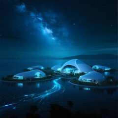 Bioluminescent Floating Eco-Village Night Aerial