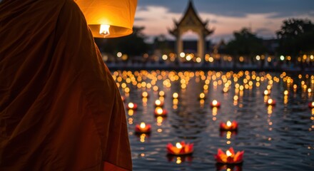 Loy Krathong Festival Monk and Floating Lanterns