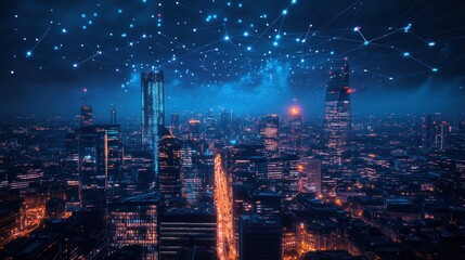 Fototapeta premium futuristic cityscape with interconnected network visualization showcasing technological advancement and digital communication infrastructure creating a vibrant and dynamic urban landscape