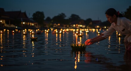 Loi Krathong Festival Woman Releases Floating Candle Lantern on River at Night