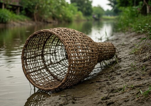 Bamboo Fishing Trap by the Riverbank