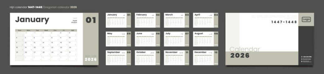 Hijri islamic 1447-1448 and Gregorian calendar for 2026. Vector Layout design in minimal style in English with week start Sunday for print. Set of 12 calendar pages and cover.