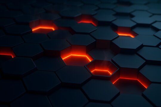 Abstract dark background with glowing red hexagonal geometric shapes creating a futuristic and technological pattern with a sense of depth and energy