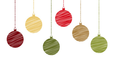 Hanging colored christmas balls in hatching raster illustration