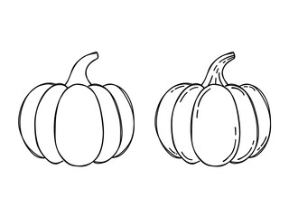 Linear black and white drawings of two pumpkins