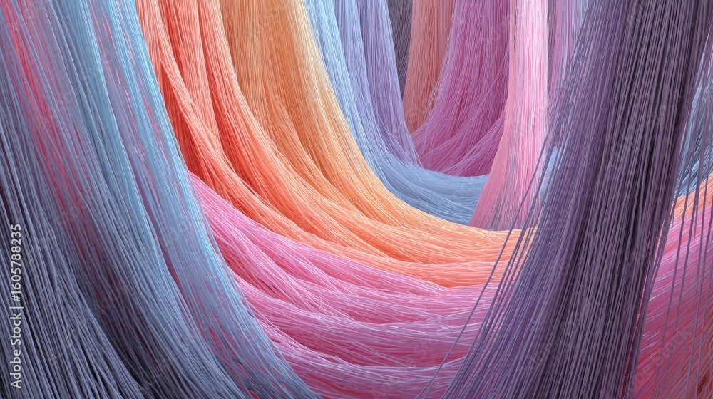 Poster pastel colored threads gracefully cascade into a silk vat, creating a mesmerizing gradient effect as