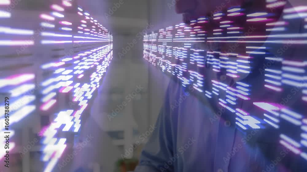 Poster mature man typing on laptop launching digital code stream while analyzing data in technology office
