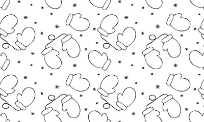 Black and white linear drawings of mittens and snowflakes repeating raster pattern