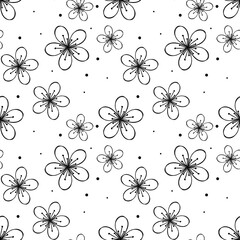 Black and white line drawings of flowers and polka dots repeating raster pattern