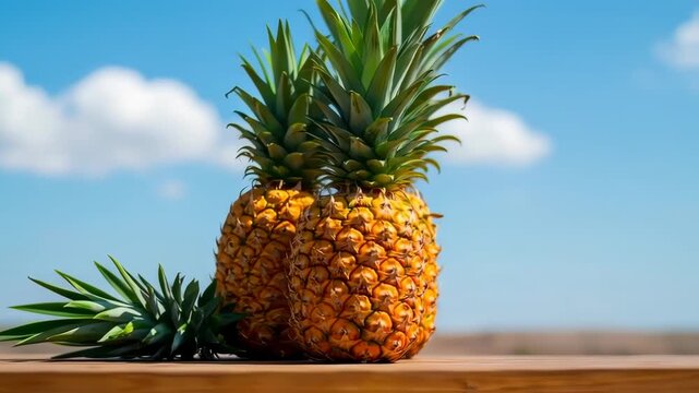 Pineapple tropical fruits on the beach advertisement concept