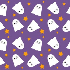 Raster repeating pattern with ghosts and stars on purple background. Festive Halloween background