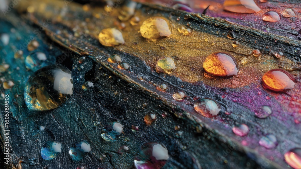 Poster iridescent quantum dot embedded paint layer revealing intricate light reflections, surface tension c