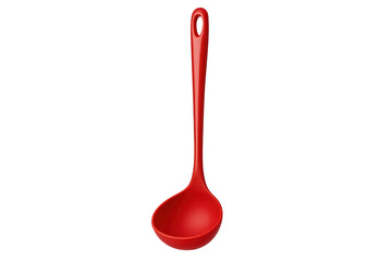 Red plastic ladle resting on transparent surface, perfect kitchen utensil for serving soups and stews with culinary precision
