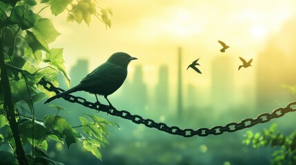 a poetic scene depicting a bird perched on a chain with other birds flying against a hazy city backdrop bathed in the warm glow of the sun evoking a sense of freedom
