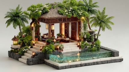 Fototapeta premium Relaxing poolside at an elegant tropical villa with vibrant palms and lush greenery providing shade