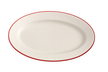 White oval serving platter featuring bold red rim, showcasing culinary design against clean transparent backdrop