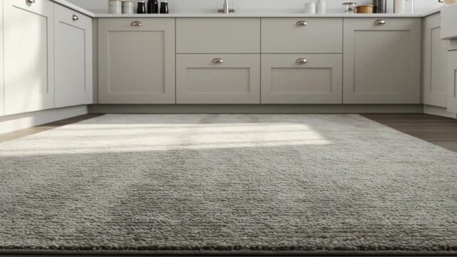 A gray shag rug lies on the floor in front of kitchen cabinets and countertop with items on it