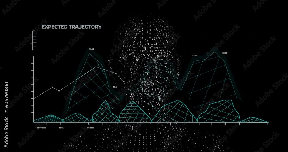 Poster data cloud coalescing into head mesh rotating to reveal wireframe grid plotting expected trajectory