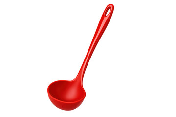 Kitchen red plastic ladle floating, dispensing hot soup and sauces with clean transparent backdrop highlighting utensil design