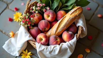 Basket overflowing with ripe peaches, flowers, and a baguette, creating a harvest still life.