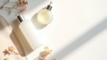 Minimalist skincare: serum and lotion in simple bottles with floral accents and natural sunlight.