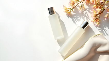 Elegant skincare: bottles and flowers on a bright surface creating an inviting product presentation.