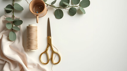 Crafting still life featuring golden scissors, eucalyptus, thread, and soft fabric on a white background.