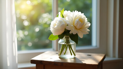 Elegant floral arrangement with white blossoms in a glass vase, set against a bright window backdrop.