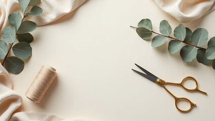Crafting with elegance: golden scissors, natural yarn, and eucalyptus on soft fabric against a warm backdrop.