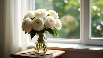 A bouquet of white flowers in a clear glass vase sits on a small wooden table near a window.