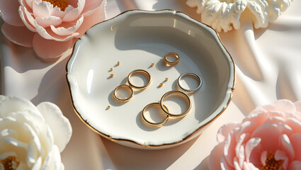 Elegant Wedding Rings: Gold and silver bands rest in a gilded dish surrounded by delicate floral accents.