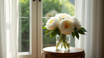 White roses in a vase on a wooden side table next to a window, exuding freshness and natural light.