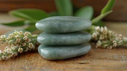 Fototapeta premium Zen Balance: Serene Stack of Polished Stones with Delicate Floral Accents Imagery
