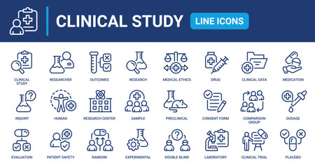 Naklejka na ściany i meble Clinical Study line icon set. Research, clinical trial, laboratory, researcher, consent form, medication, experimental, analysis, clinical data and more. Outline vector icons collection.