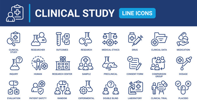 Clinical Study line icon set. Research, clinical trial, laboratory, researcher, consent form, medication, experimental, analysis, clinical data and more. Outline vector icons collection.