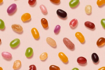 Colorful sweet jelly bean candy seamless pattern on pink table, top view. Food texture for background design. Dessert for children