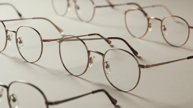 Eyeglasses display featuring round frames in various colors on a neutral surface close up view
