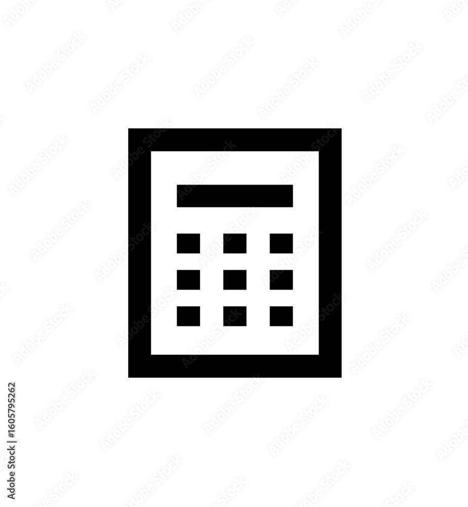 Poster simple black calculator icon, rectangular design, numerical keypad, basic interface.