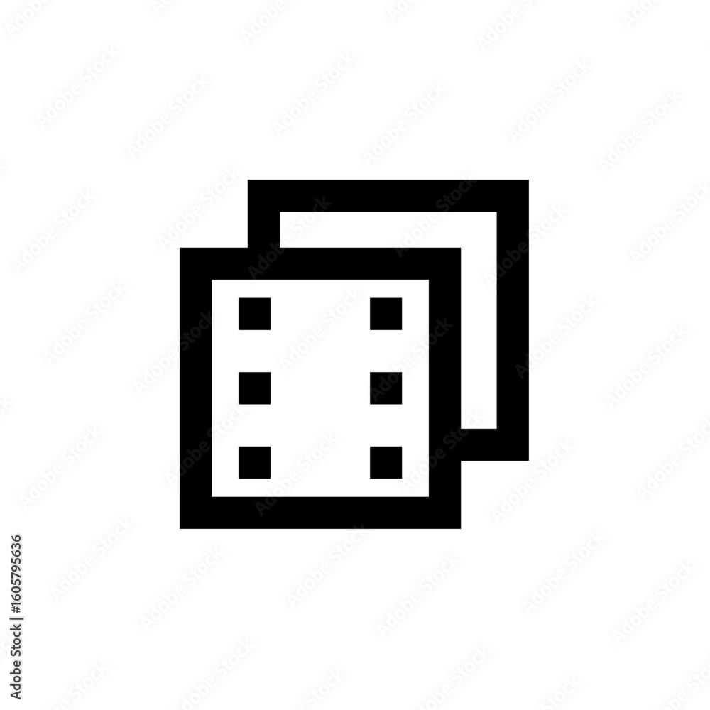Poster a simple black and white icon depicting two overlapping documents or pages with a grid pattern of do