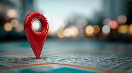 3D red location pin icon on a map, blurred road with cars on the background.