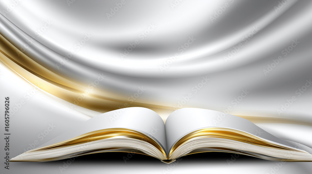 Poster open book resting on a smooth surface with elegant fabric in the background